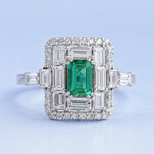 Baguette And Round Halo Diamond Gemstone Ring Ring
