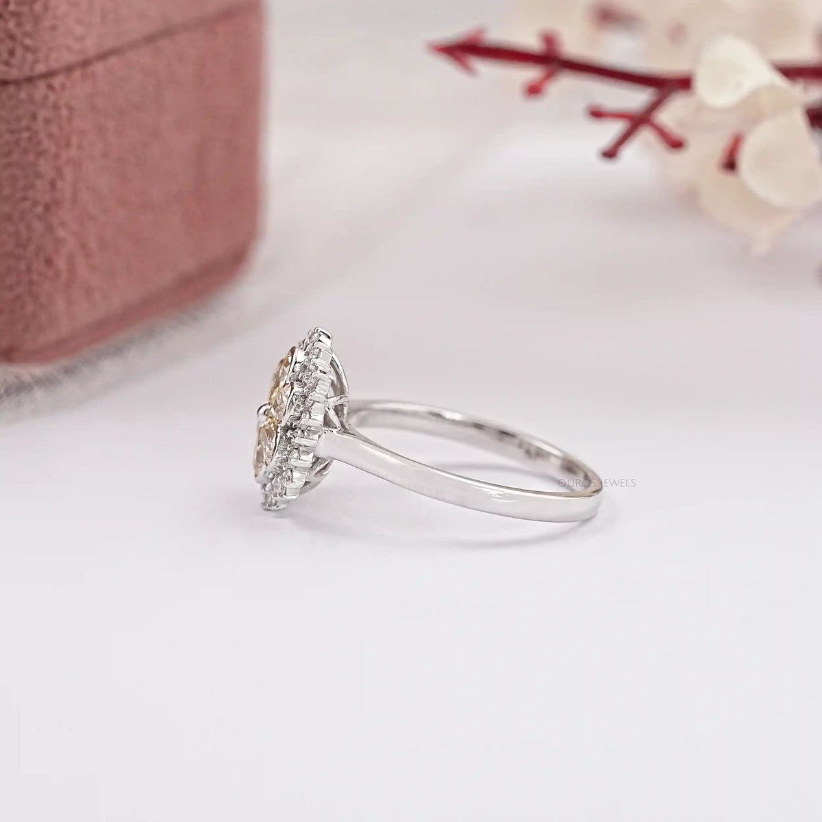 Yellow Pear Cut Lab Diamond Bezel Set Floral Style Halo Ring Ring