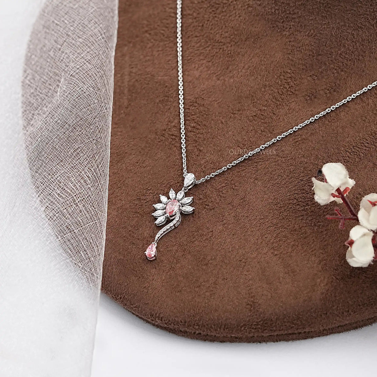Pink Pear Lab Diamond Flower Shape Pendant Necklaces