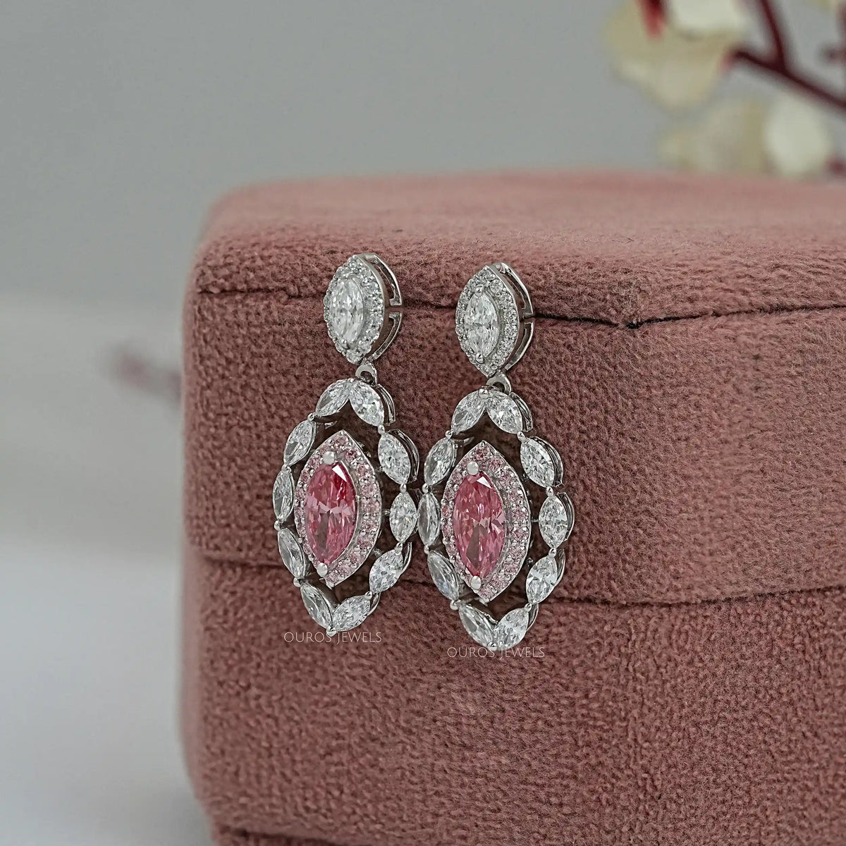 Pink Marquise Lab Diamond Double Halo Earrings Earrings