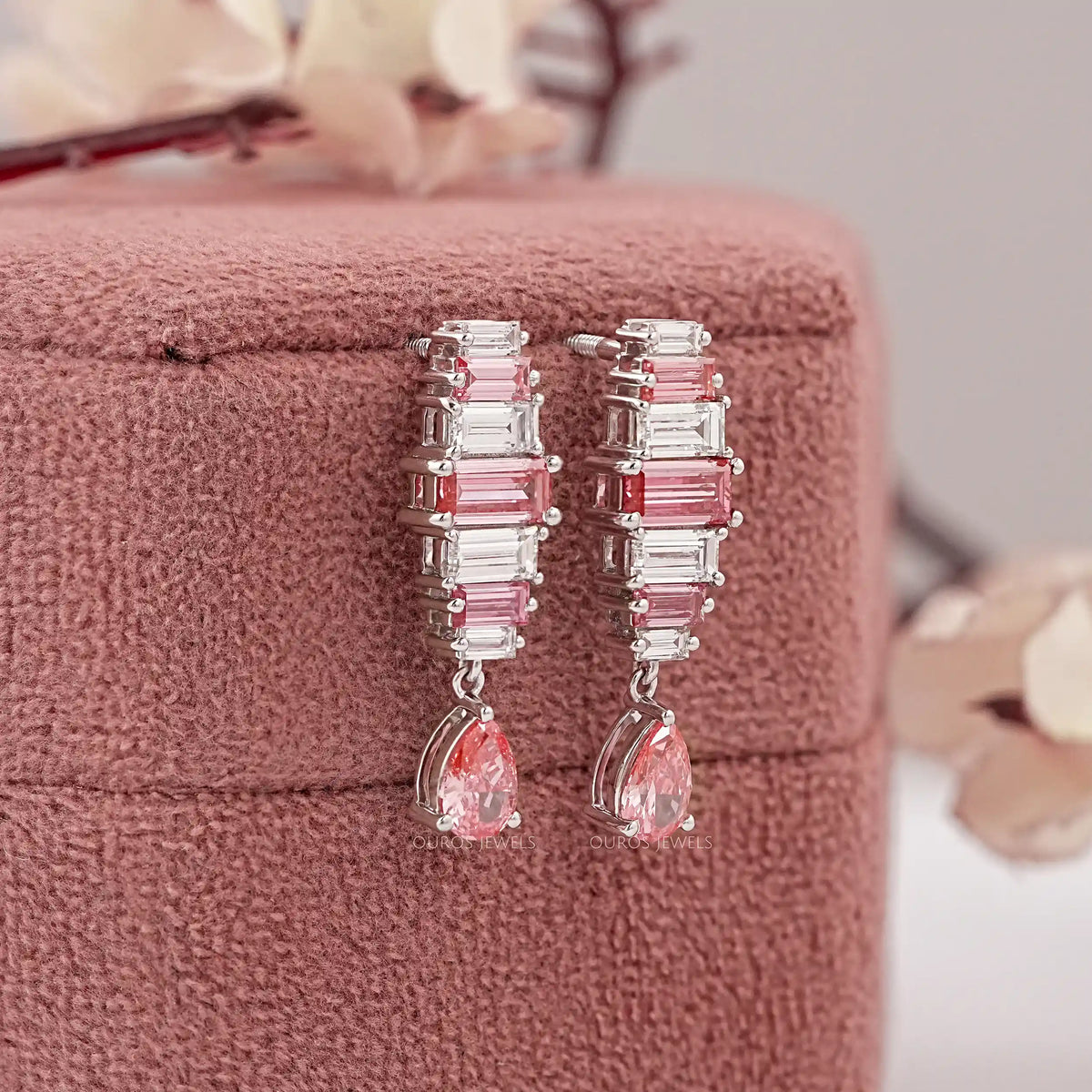 Alternative Pink Baguette Diamond Drop Earrings Earrings