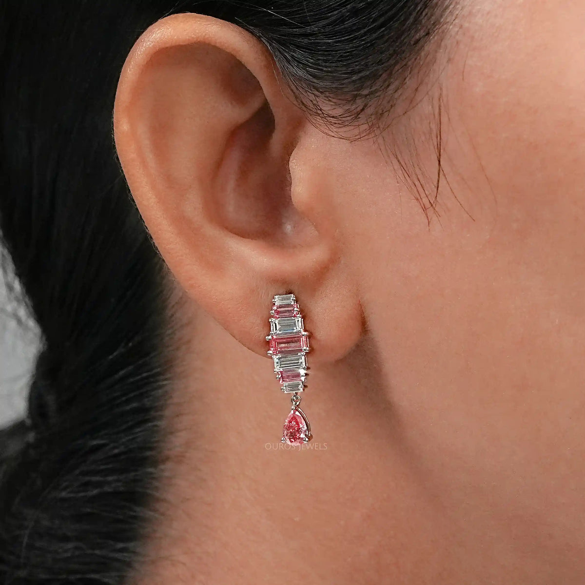 Alternative Pink Baguette Diamond Drop Earrings Earrings