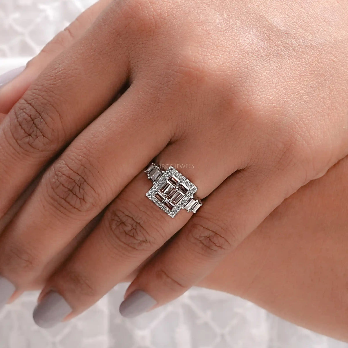Fancy Brown Baguette Cut Lab Diamond Cluster Set Halo Ring Ring