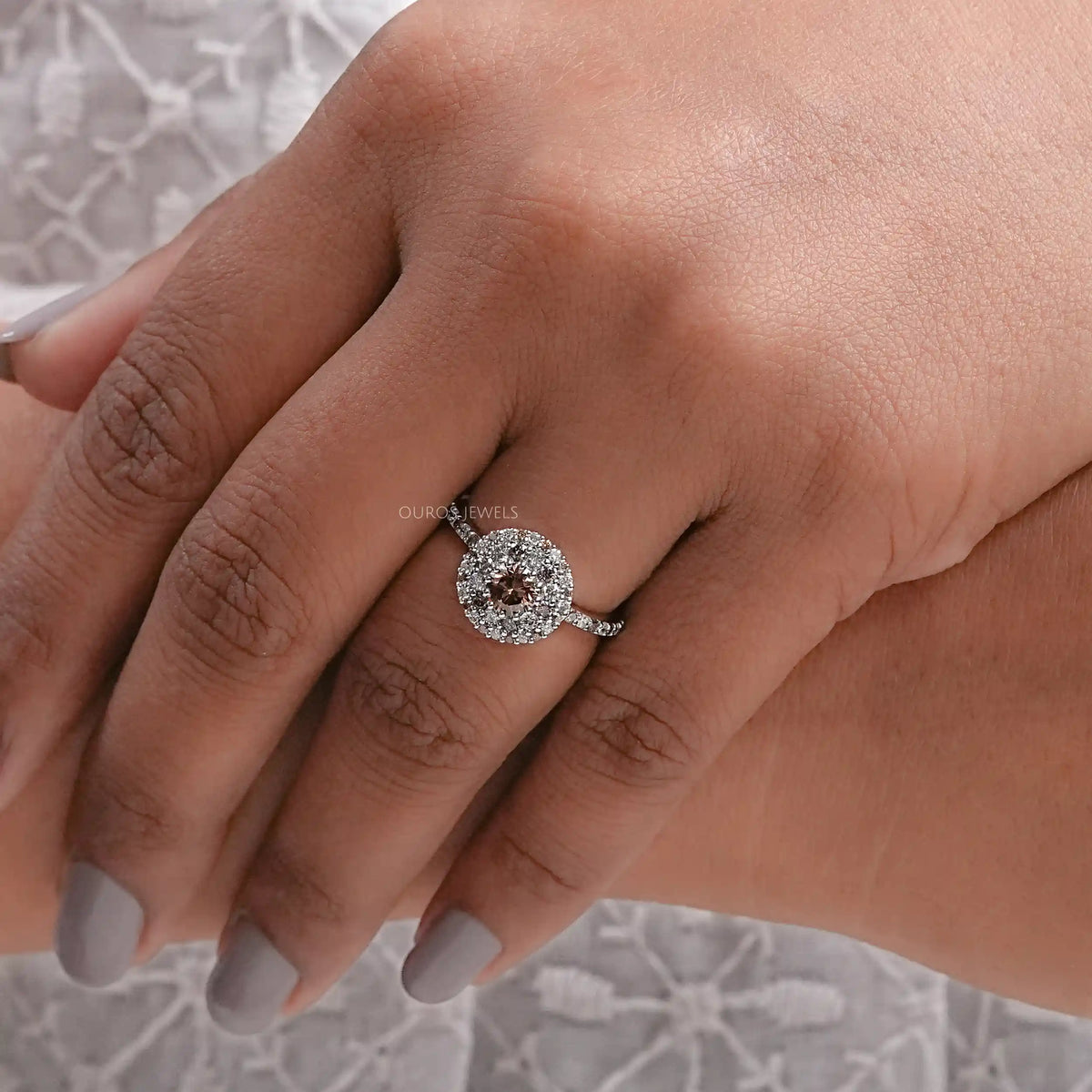 Fancy Round Brown Diamond Double Halo Accent Set Ring Ring