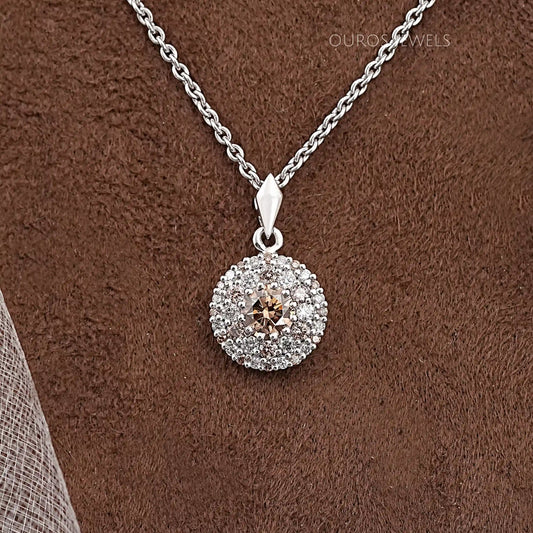 Double Halo Round Shape Champagne Diamond Pendant Necklaces