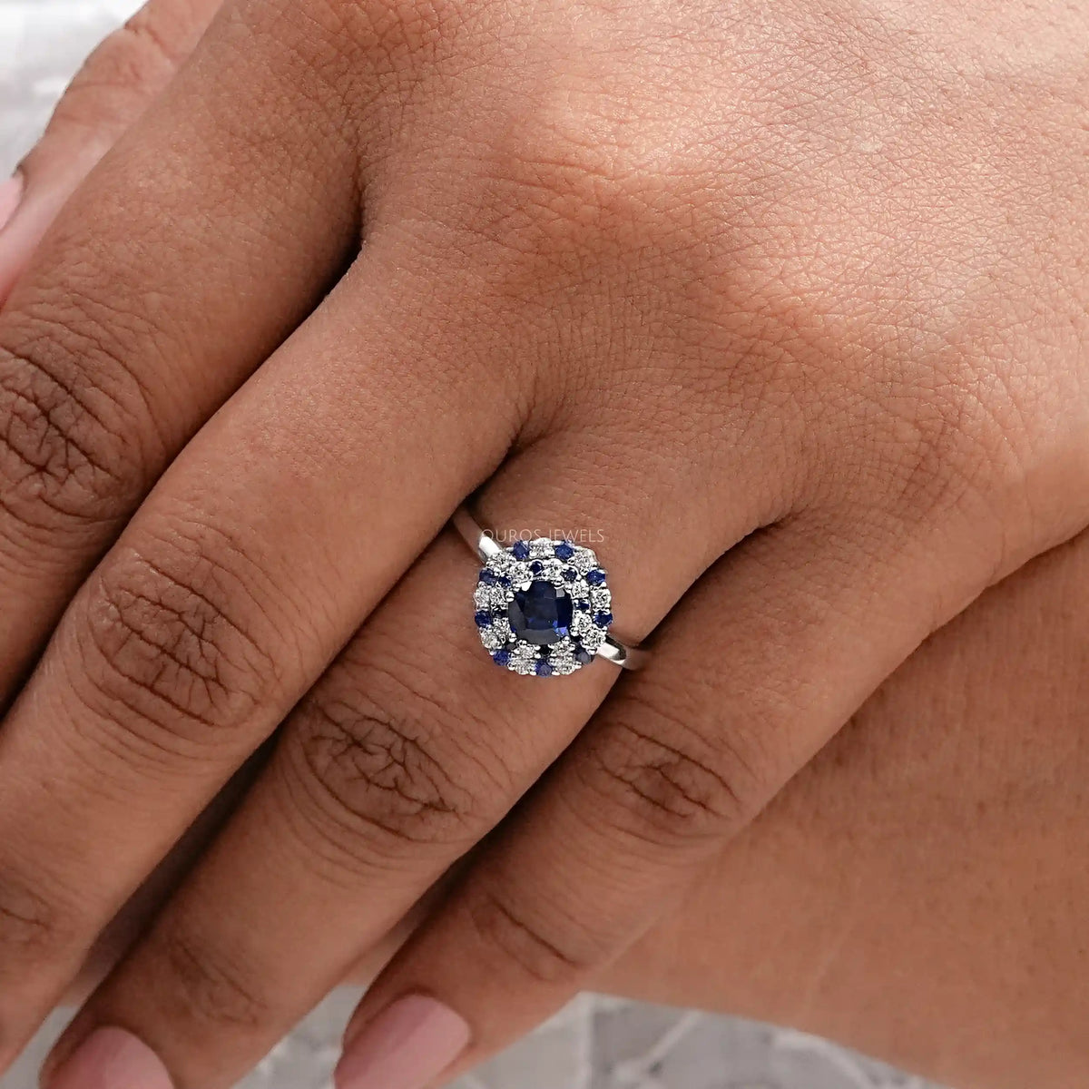 Blue Cushion Cut Lab Gemstone Double Halo Ring Ring