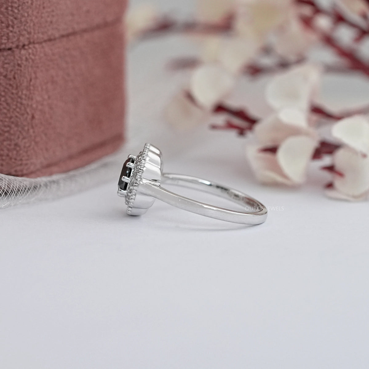Black Round Diamond Double Halo Engagement Ring Rings