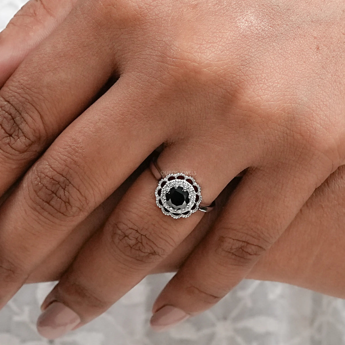Black Round Diamond Double Halo Engagement Ring Rings