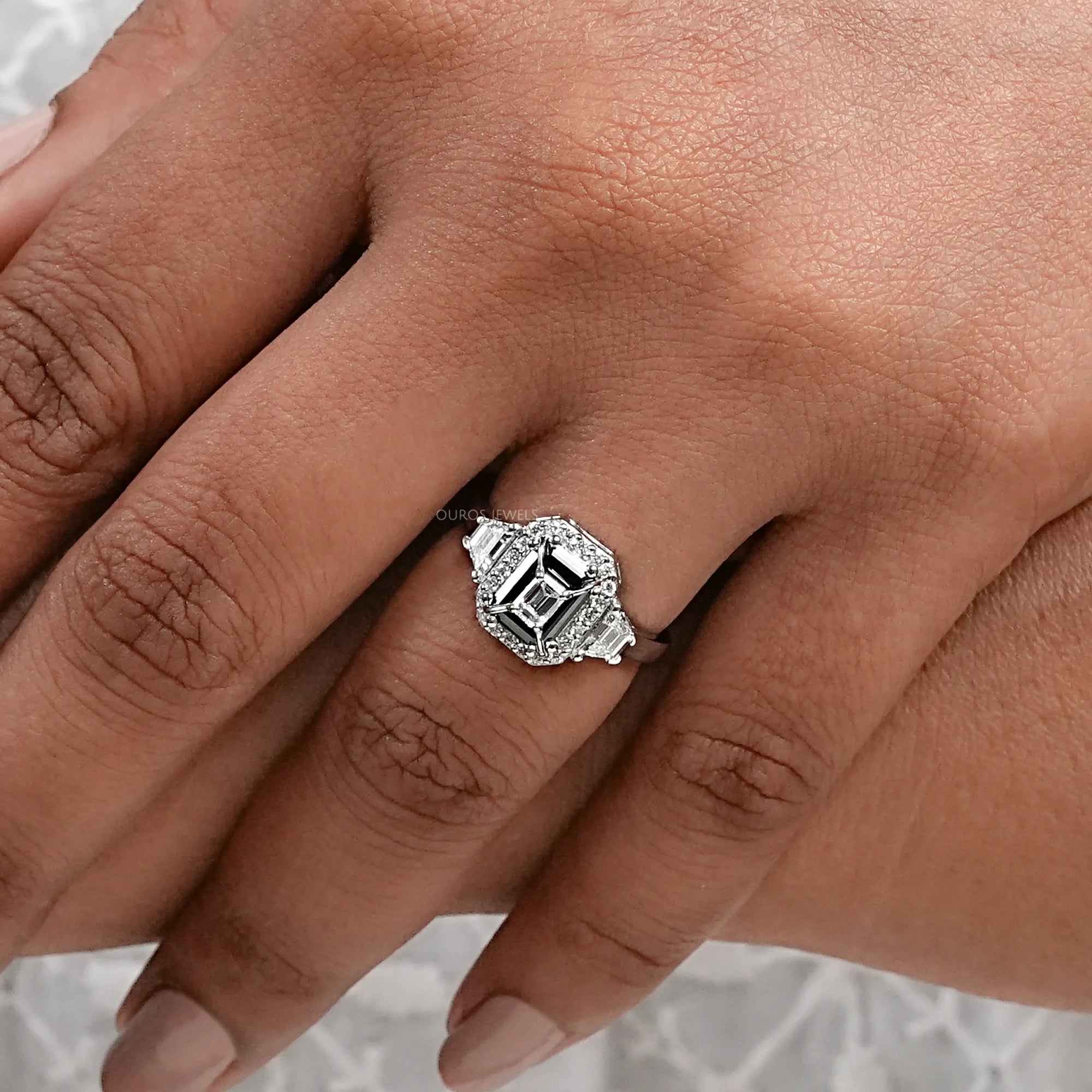 Black Emerald Diamond Three Stone Engagement Ring Rings