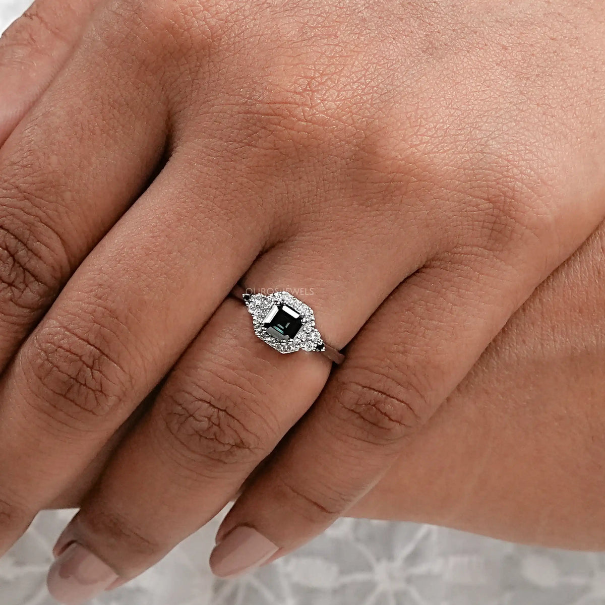 Black Asscher Diamond Halo Engagement Ring Rings