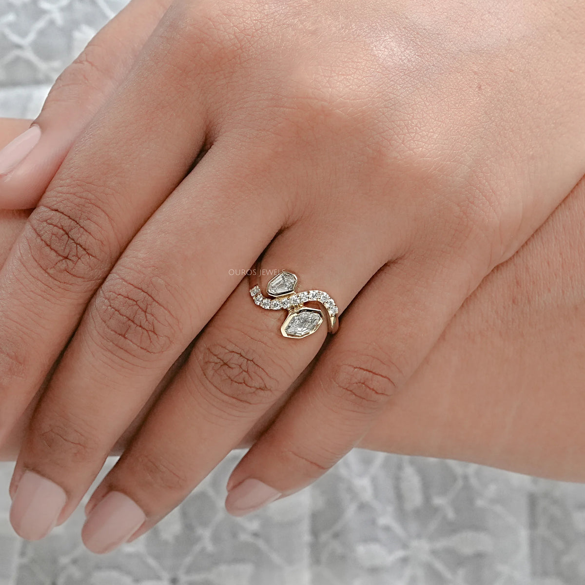 Step Shied Cut Bezel Set Bypass Wedding Ring Rings