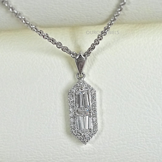 Step Cut Arrow Diamond Halo Pendant Necklaces