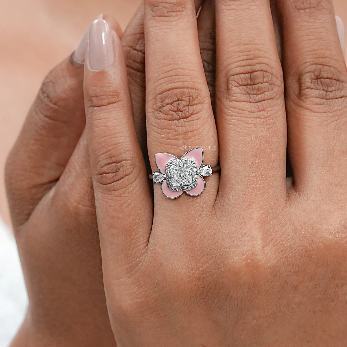 Antique Floral Cut Pink Enamel Engagement Ring Rings