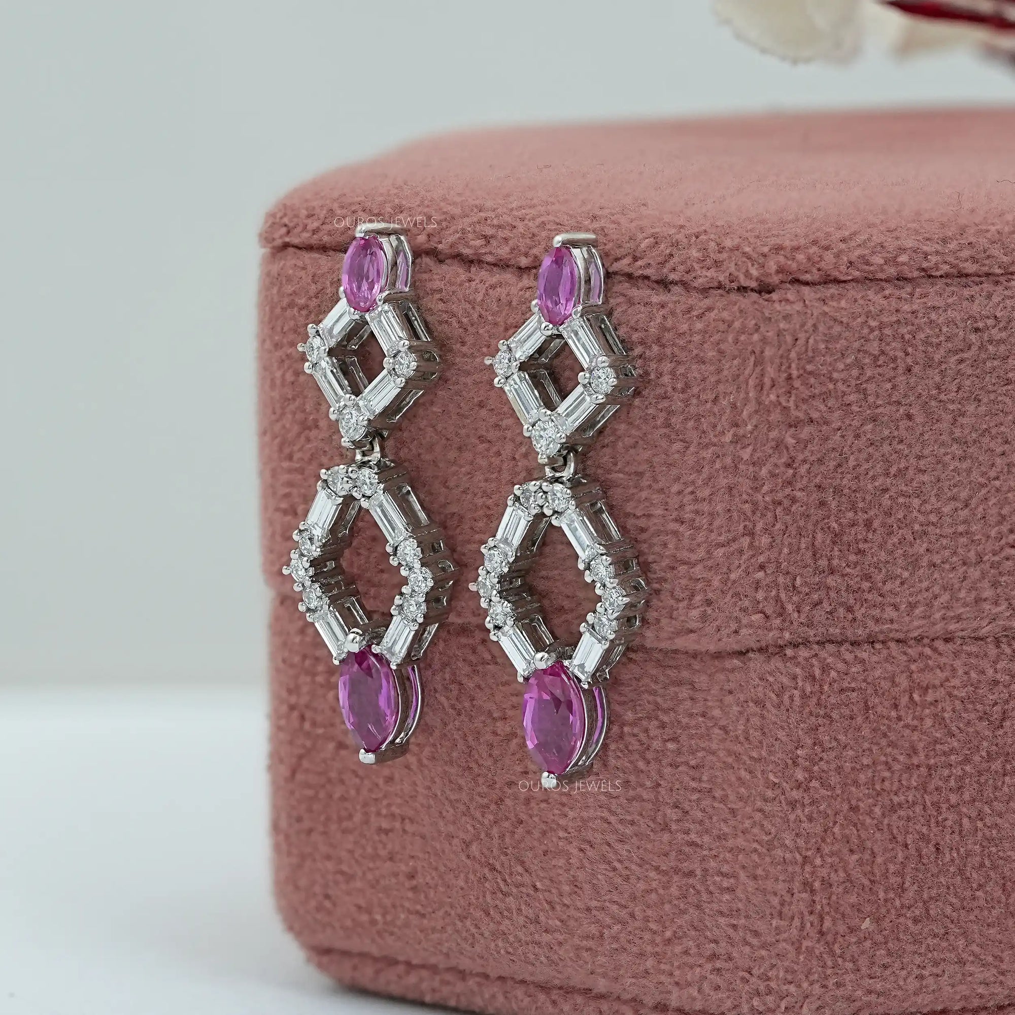 Pink Marquise Gemstone And Diamond Drop Earrings Earrings