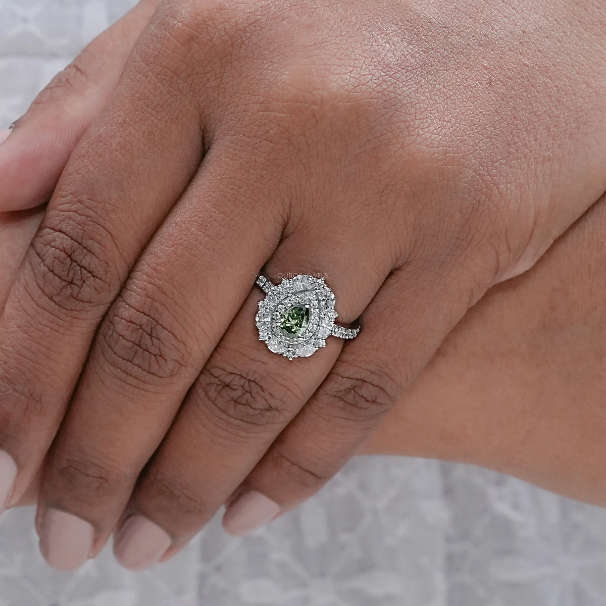 Green Pear Diamond Double Halo Engagement Ring Rings