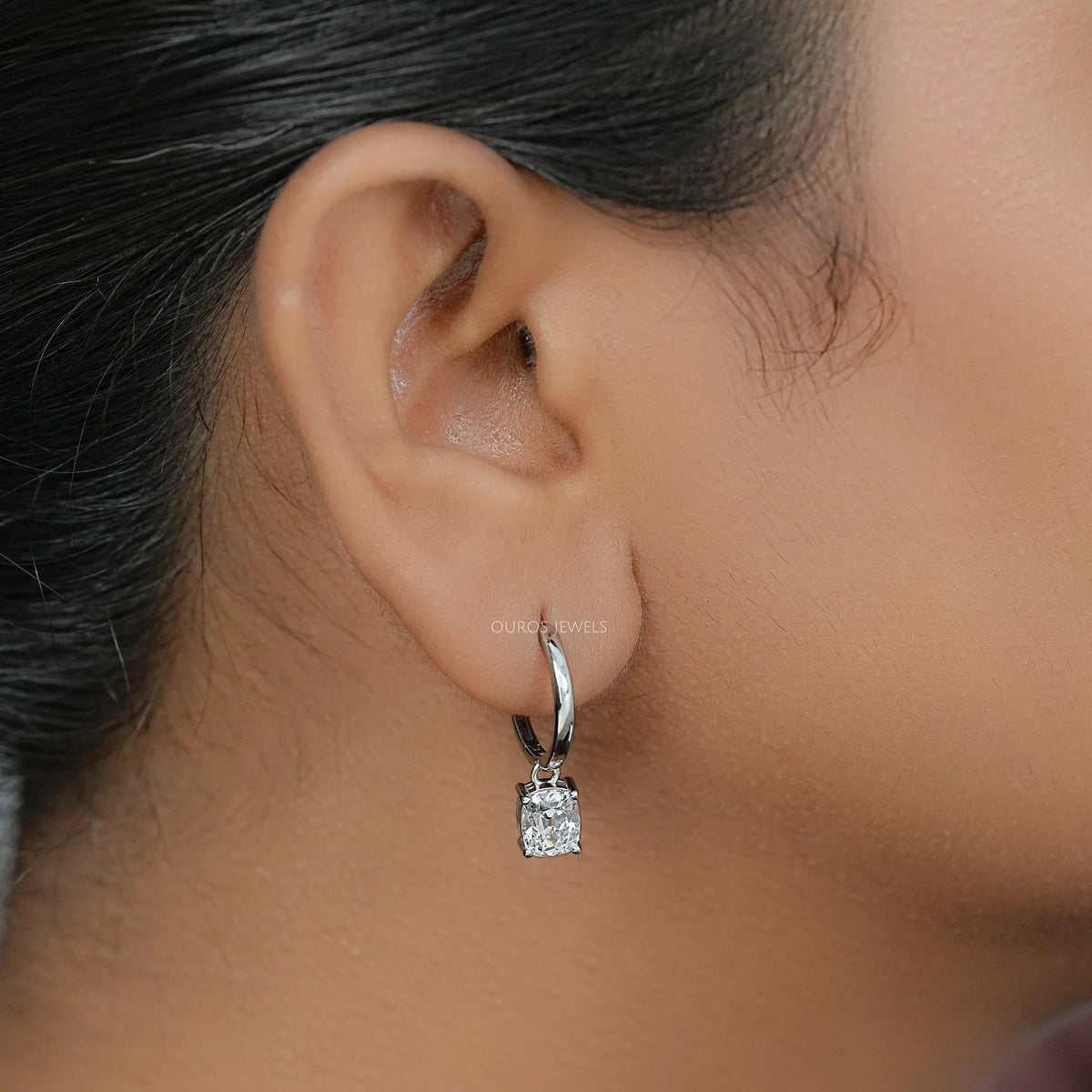 Old Mine Cushion Cut Dangle Hoop Earrings