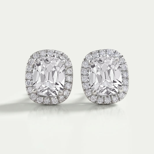 Cushion Cut Halo Stud Earrings With Old Mine