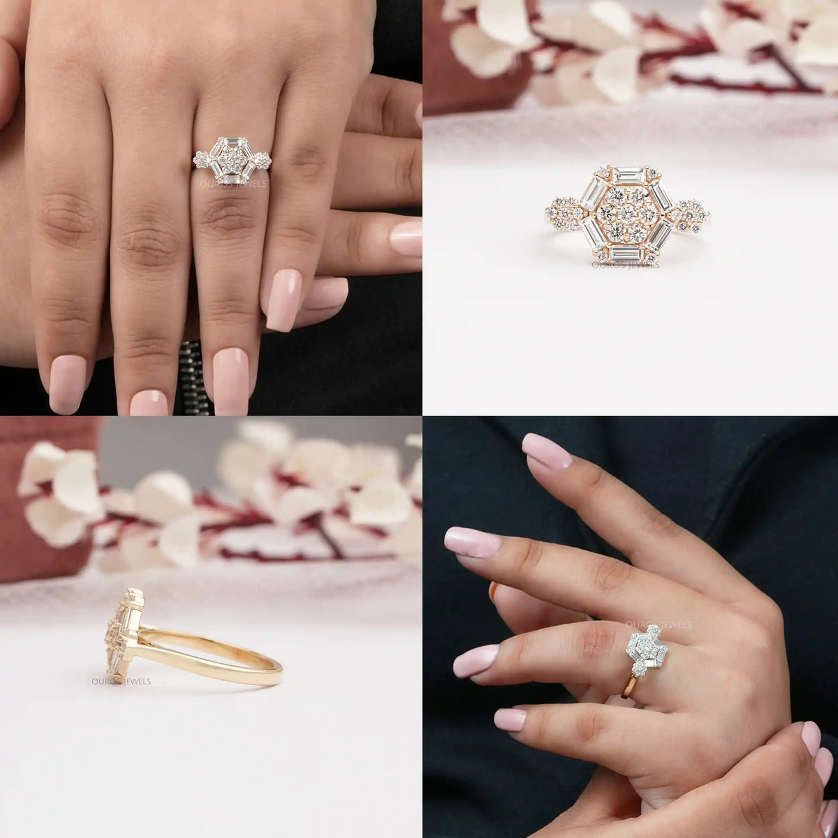 Octagon Shape Baguette Cut Halo Yellow Gold Engagement Ring