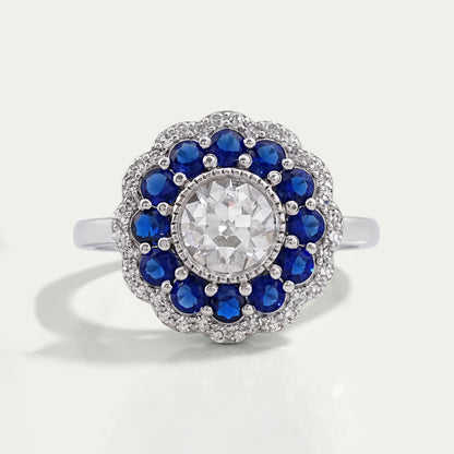 Old European Round Cut Sapphire Halo Engagement Ring Rings