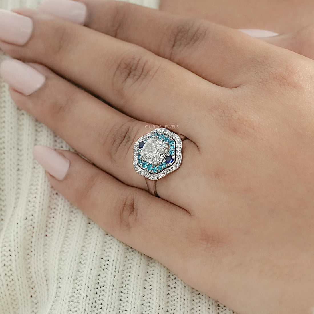 Old Mine Asscher Diamond And Gemstone Double Halo Ring Rings