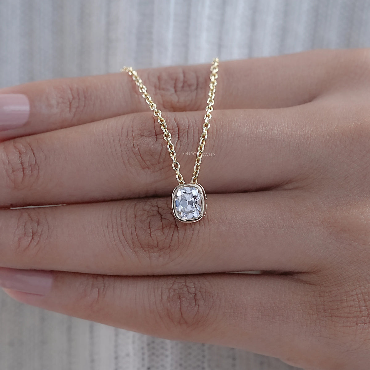 Old Mine Cushion Lab Diamond Bezel Set Pendant Necklaces