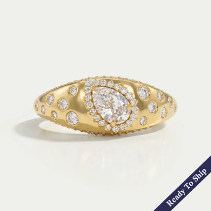 Old Mine Pear Diamond Halo Wide Flush Set Ring