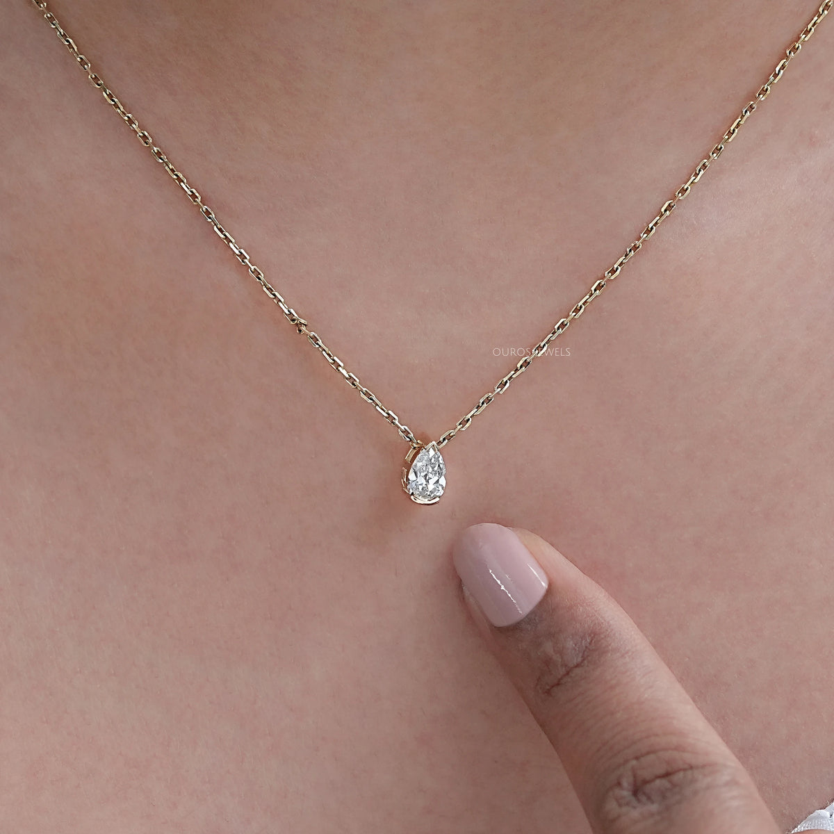 Old Mine Pear Diamond Half Bezel Solitaire Pendant Necklaces