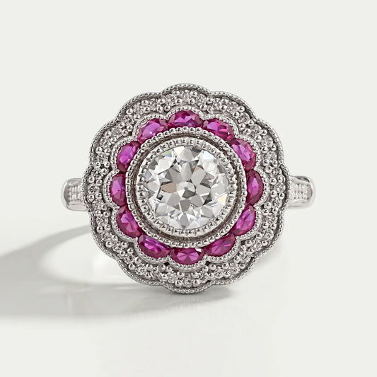 Old European Round Cut & Pink Halo Half Moon Gemstone Ring Rings