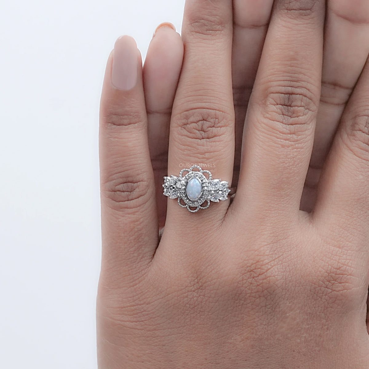 Opal Oval Cut And Halo Diamond Floral Engagement Ring