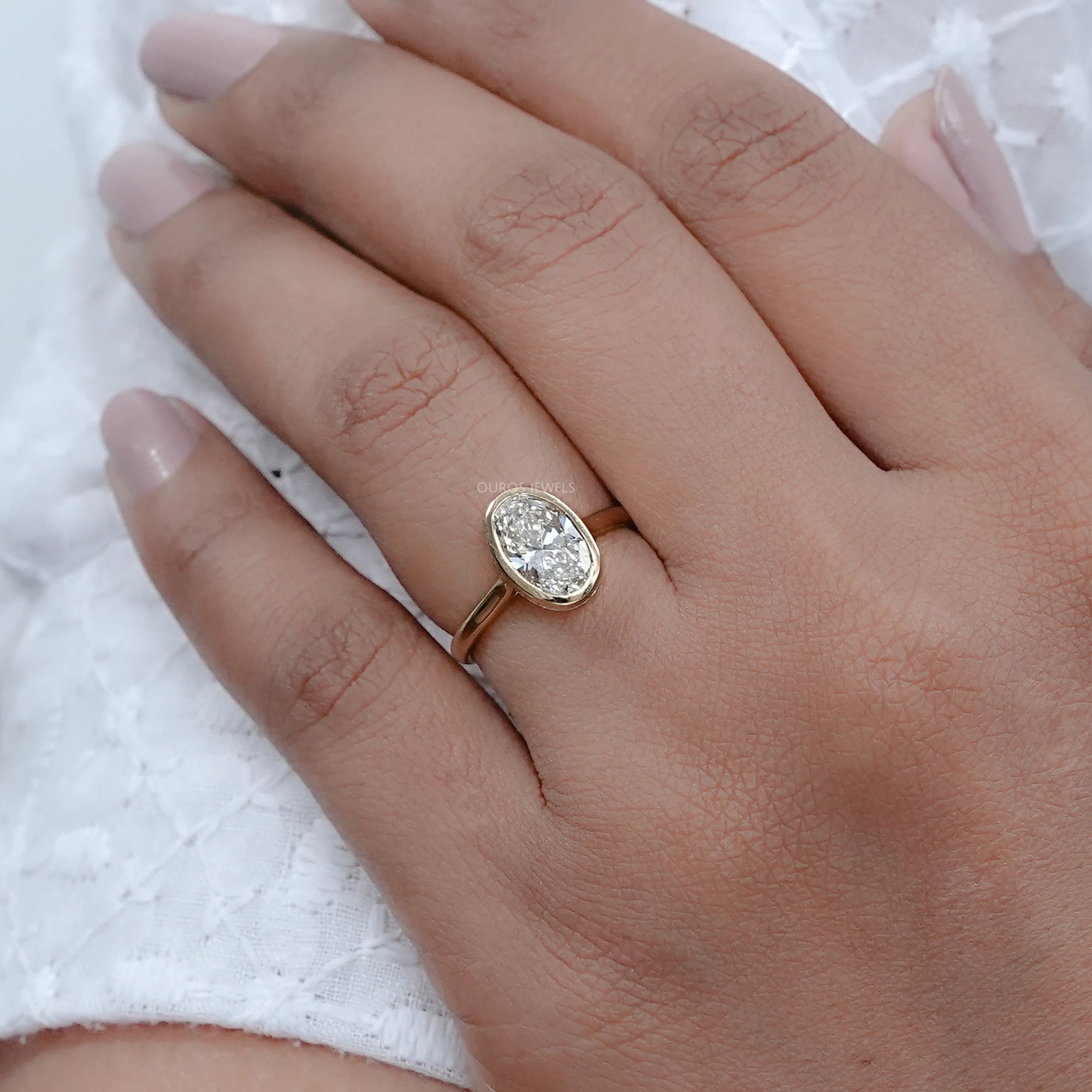 Oval Lab Diamond Hidden Halo Bezel Engagement Ring Rings