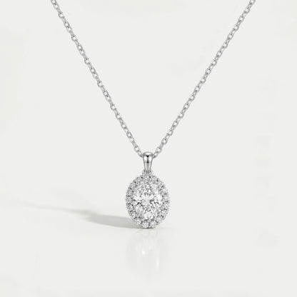 Oval and Round Lab Grown Diamond Halo Pendant Necklaces
