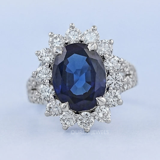 Sapphire Oval Gemstone Halo Split Shank Engagement Ring Rings