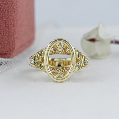 Oval Shape Accent Diamond Milgrain Set Semi-Mount Ring Ring