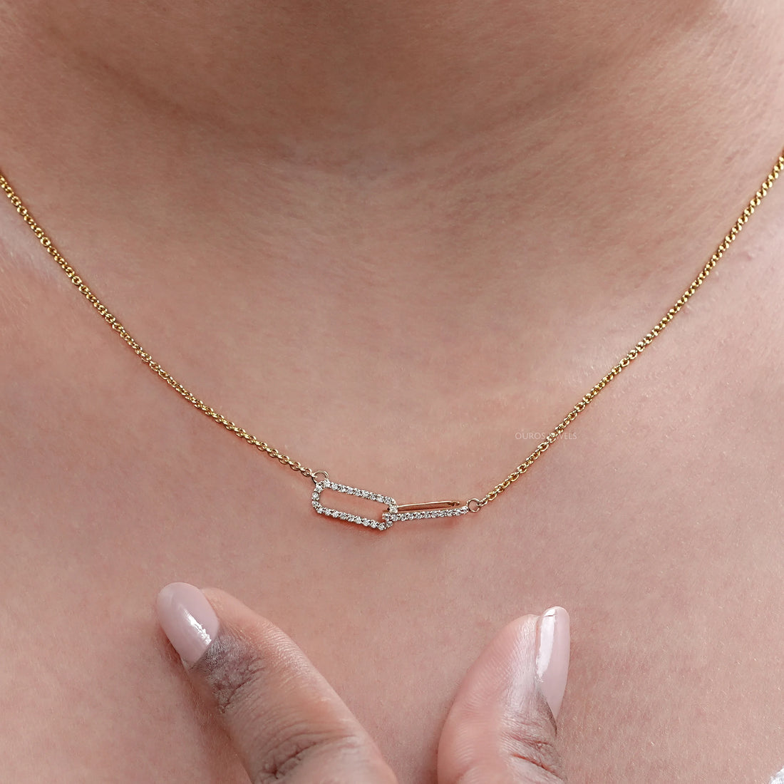 Open Rectangle Round Diamond Paperclip Pendant Necklaces