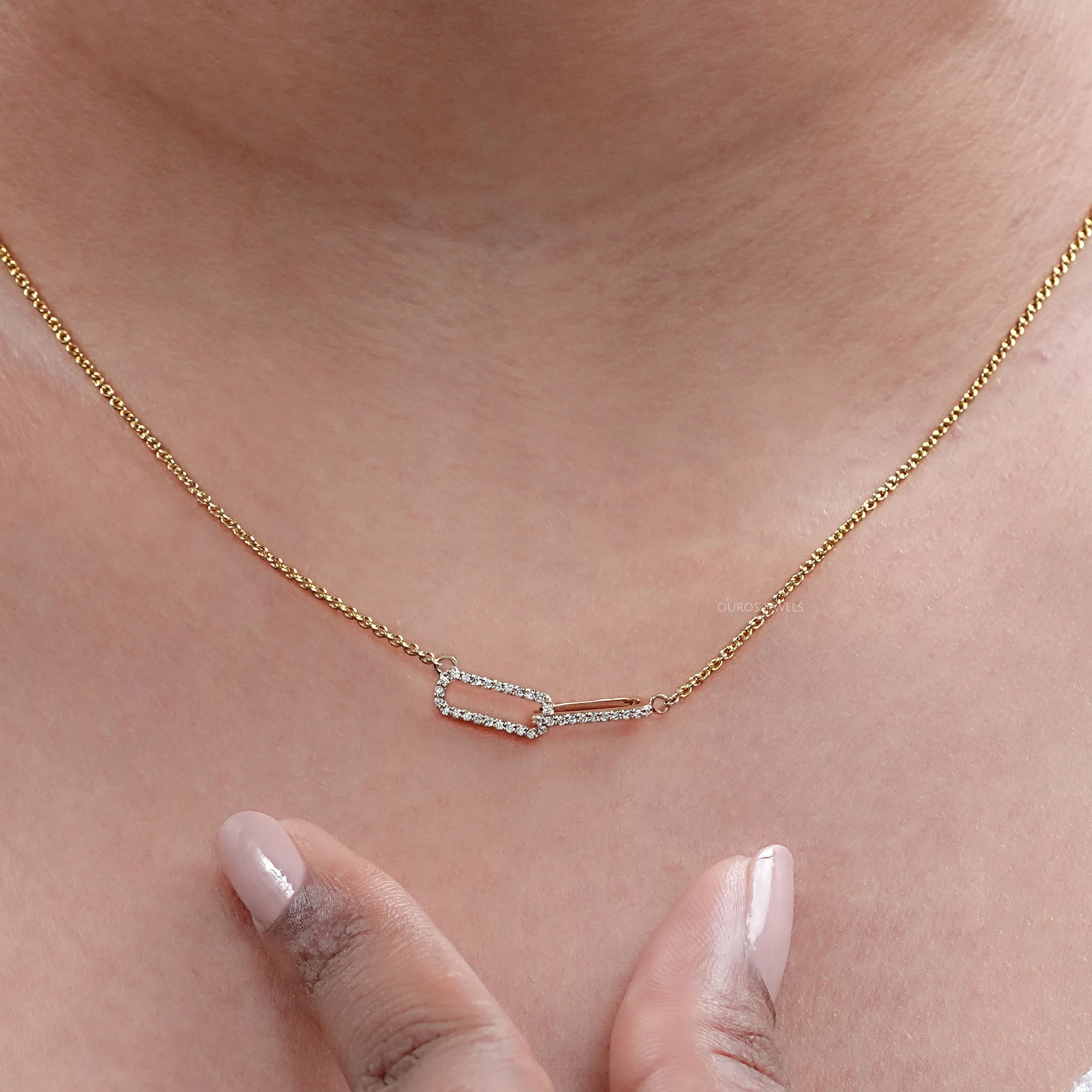 Open Rectangle Round Diamond Paperclip Pendant Necklaces