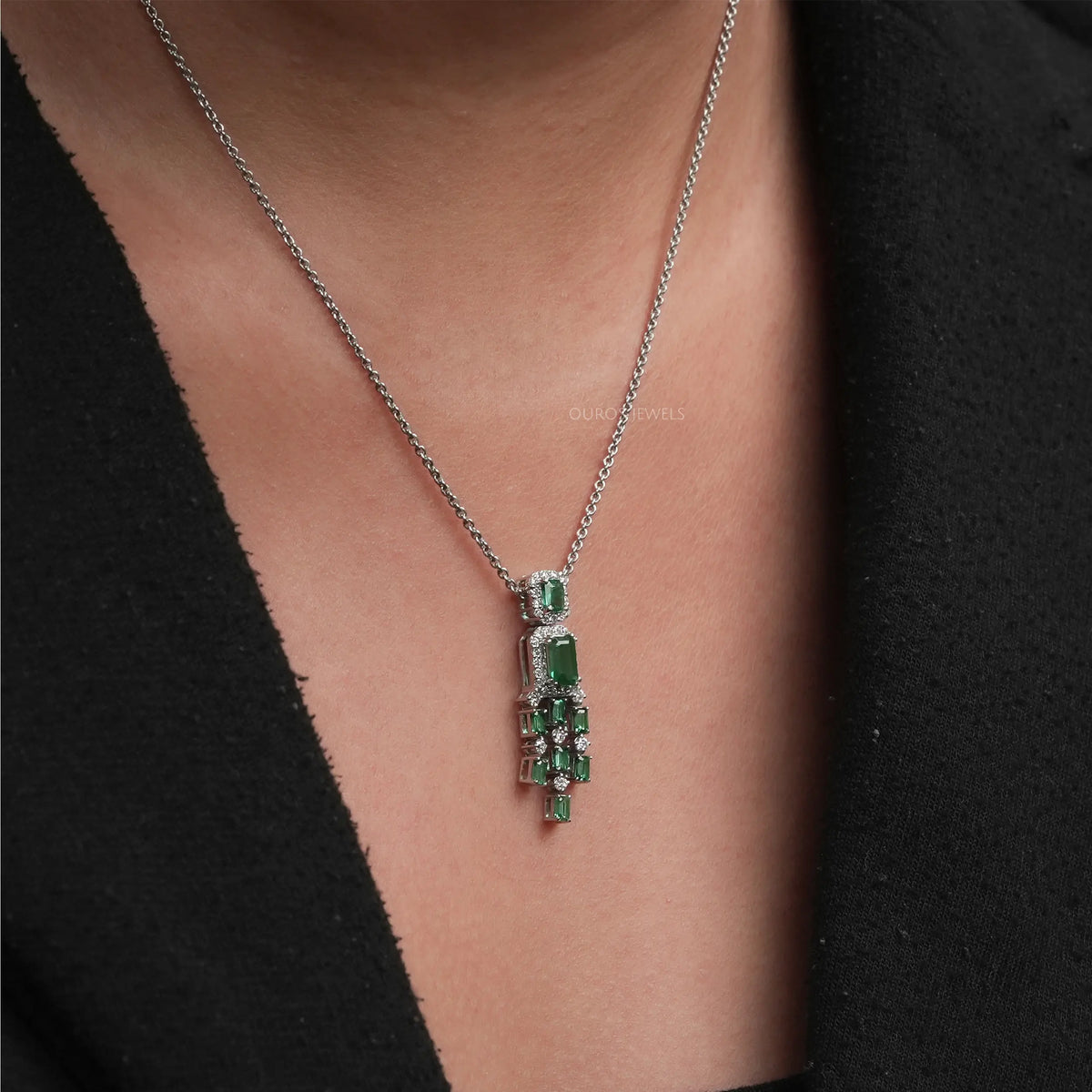 Green Emerald Halo Diamond Chandelier Necklace Set Necklaces