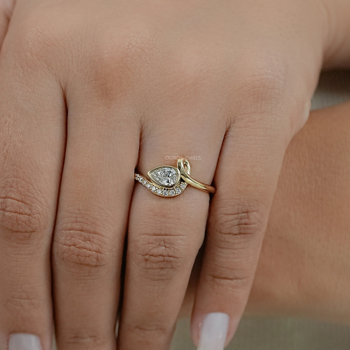 Bezel Old Mine Pear Diamond Wave Accent Ring Ring