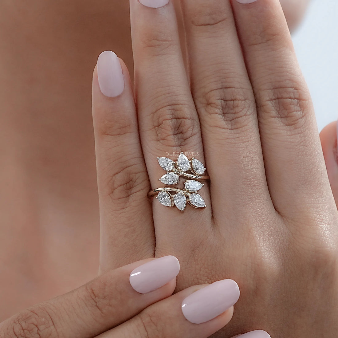 Diamond Pear Cluster Leaf Design Ring