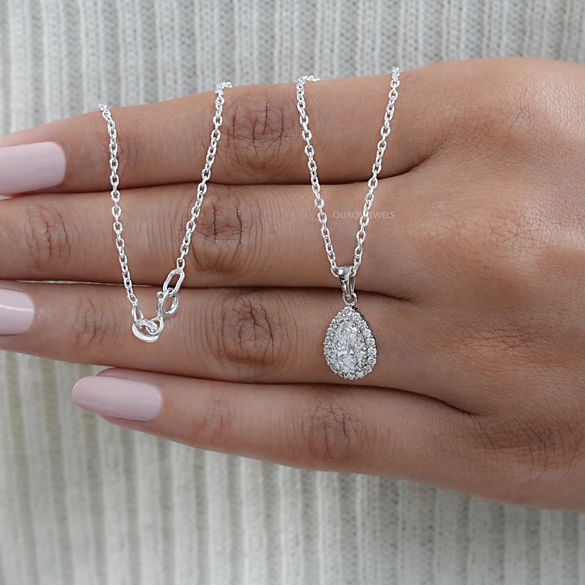Pear Shape Lab Grown Diamond Halo Pendant Necklaces