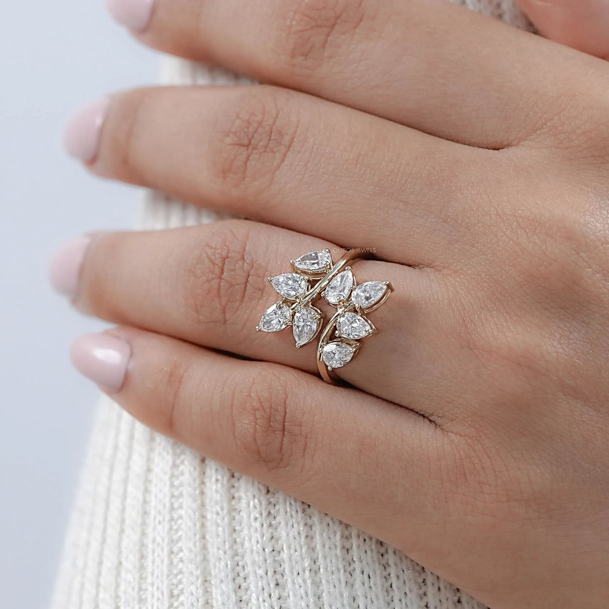 Diamond Pear Cluster Leaf Design Ring
