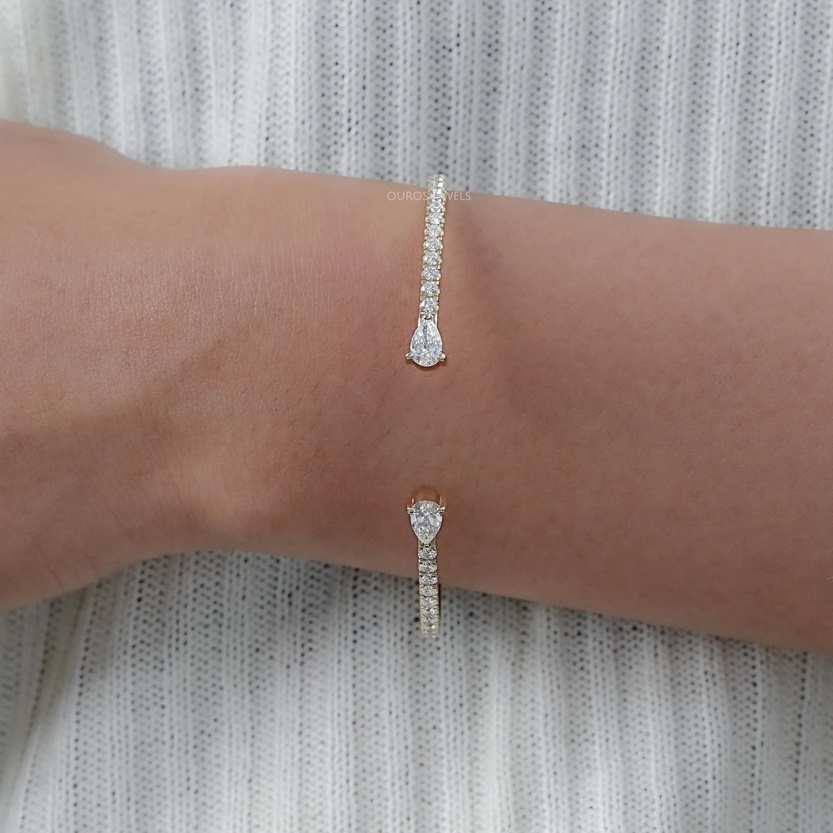 Pear and Round Lab Grown Diamond Open Cuff Bangle Bracelet