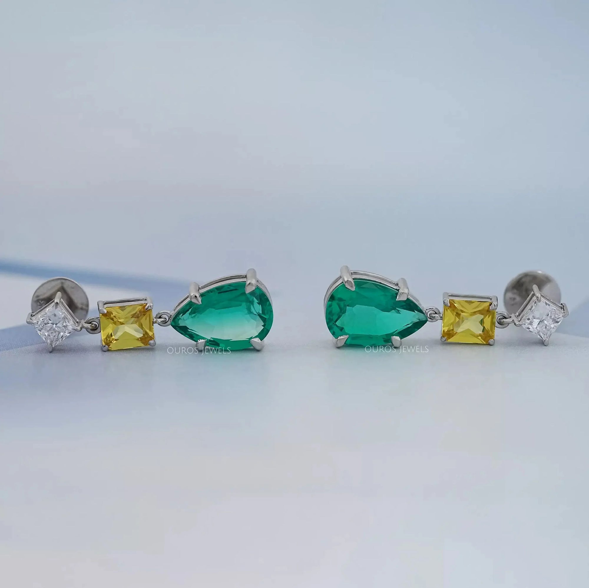 Green Pear And Yellow Radiant Diamond Drop Earrings Earrings