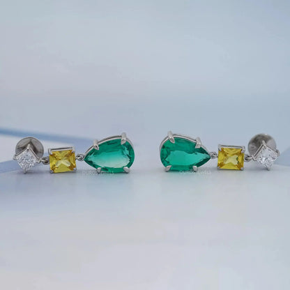 Green Pear And Yellow Radiant Diamond Drop Earrings Earrings
