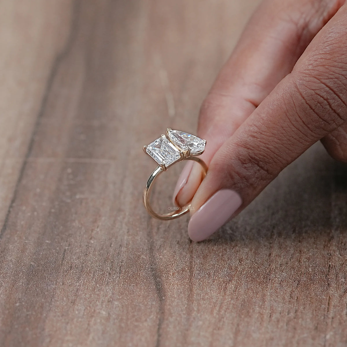 Pear And Emerald Diamond Two Stone Ring Ring