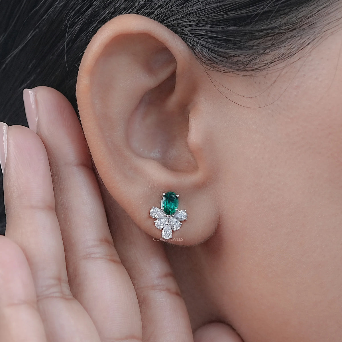 Green Oval And Pear Lab Diamond Floral Stud Earrings Earrings