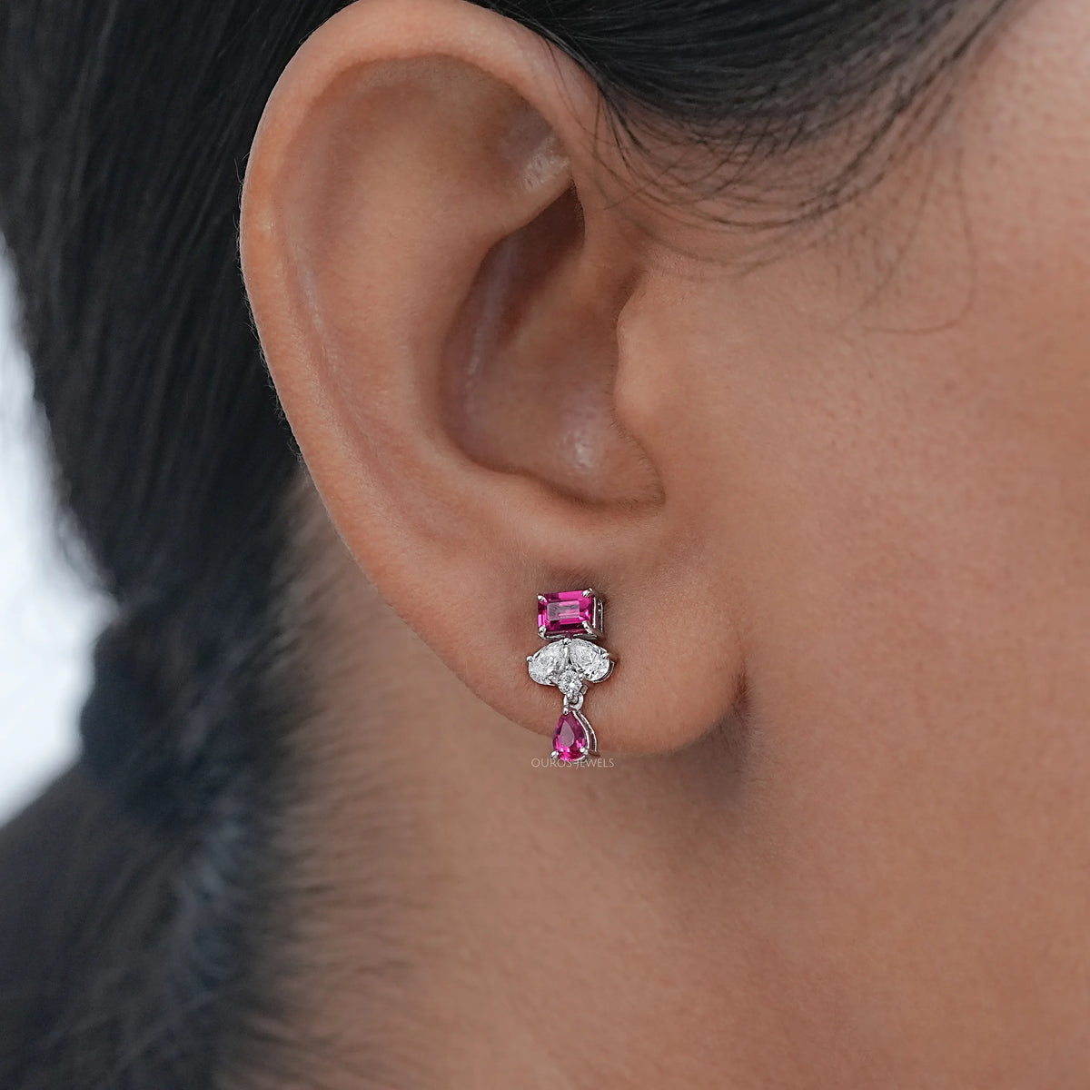 Pink Emerald Gemstone And Pear Diamond Drop Earrings