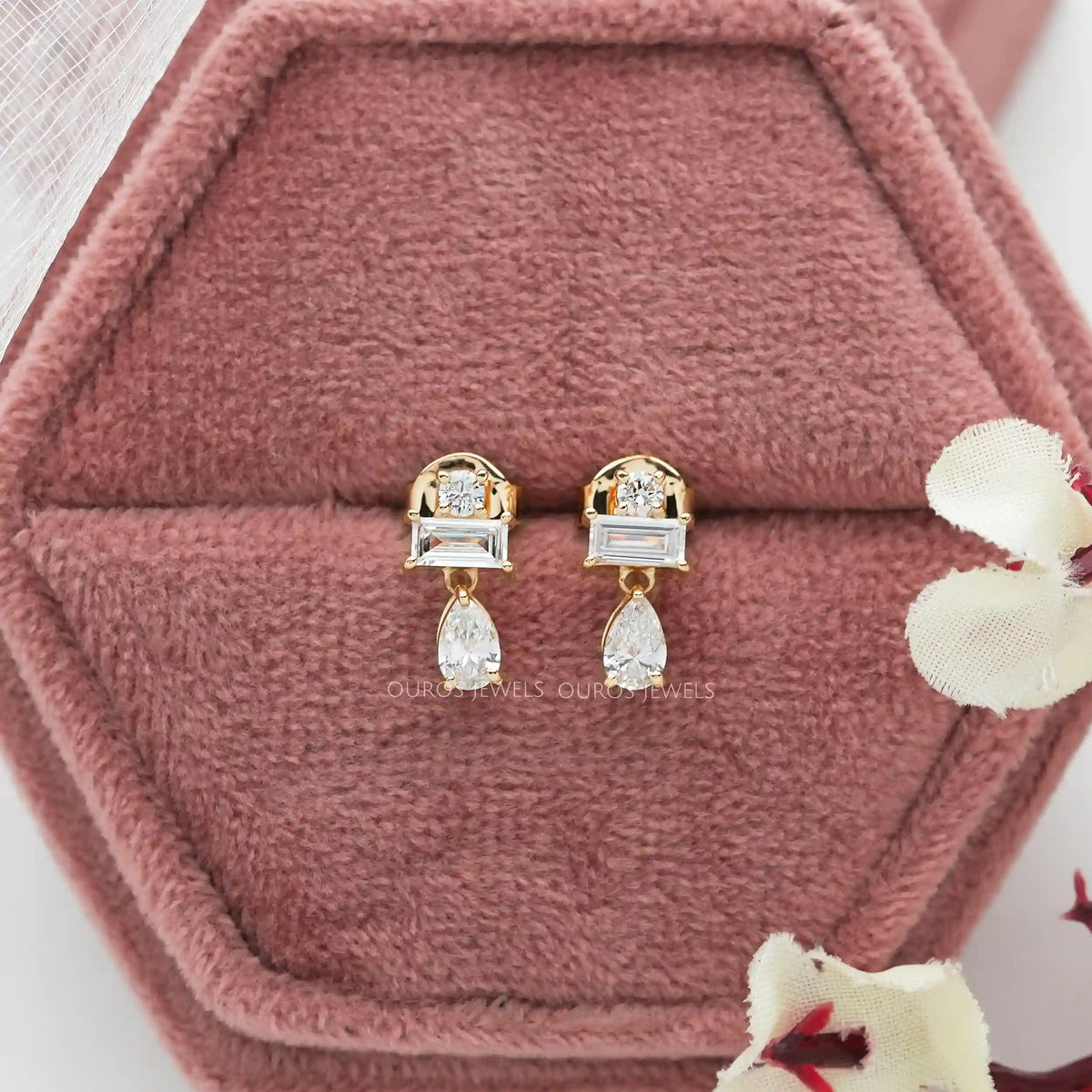 Pear and Baguette Cut Diamond Earrings
