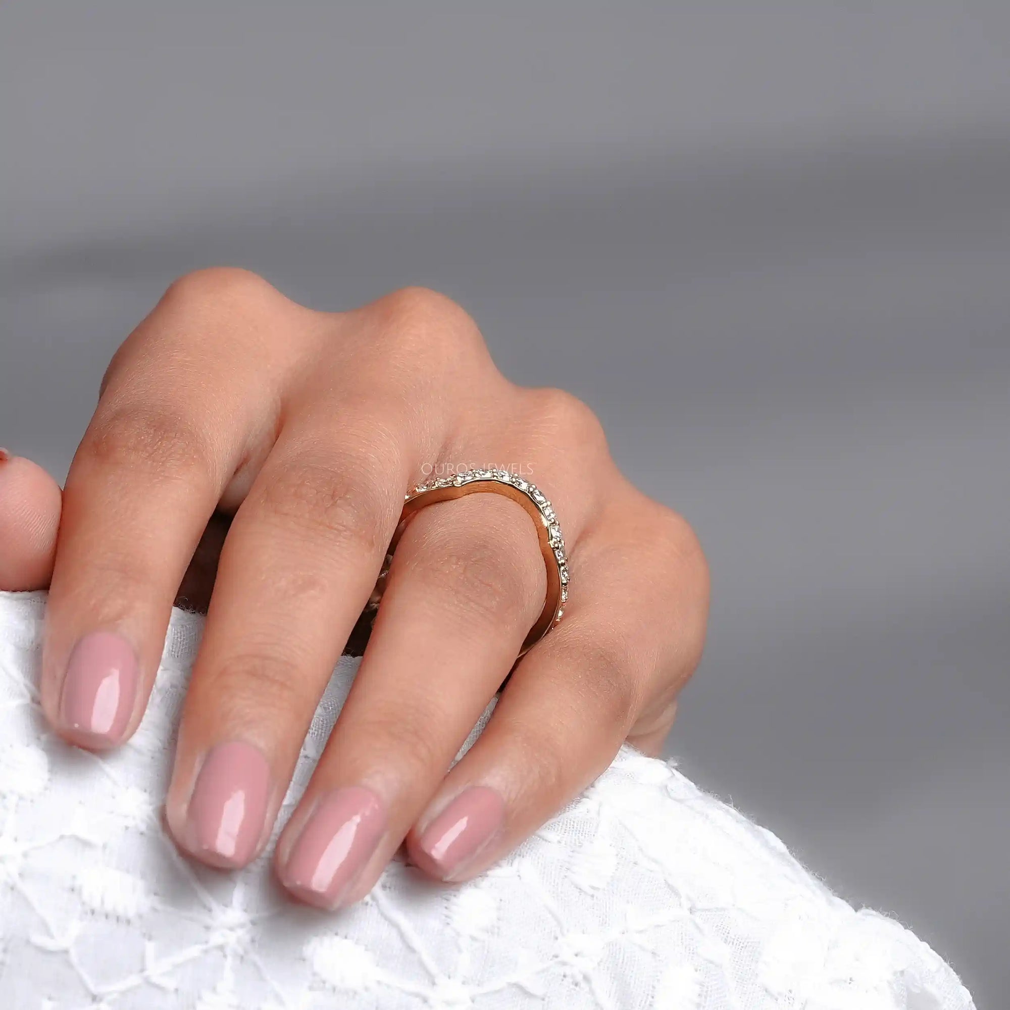 Pave Set Round Cut Diamond Deep Curved Wedding Band Rings