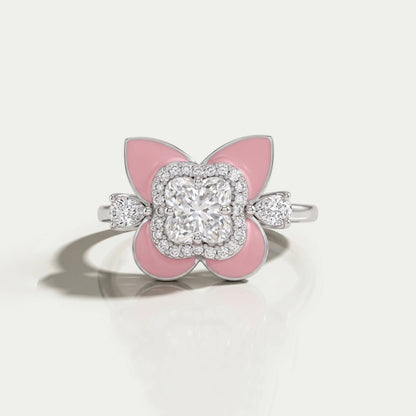 Floral Diamond With Pink Enamel Ring Ring