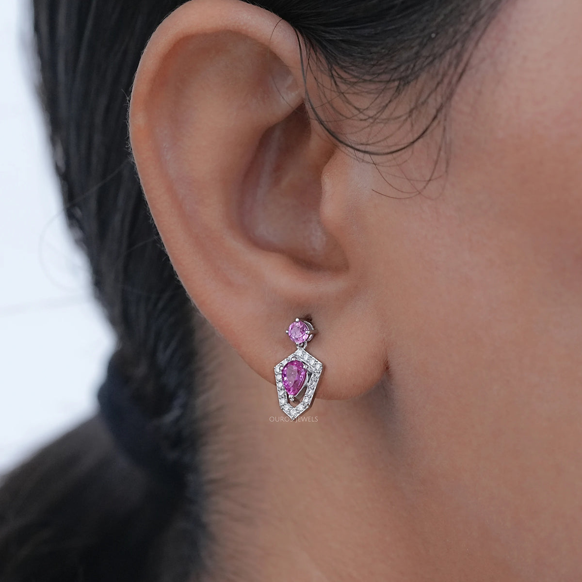 Pear Shape Halo Gemstone Dangle Earrings
